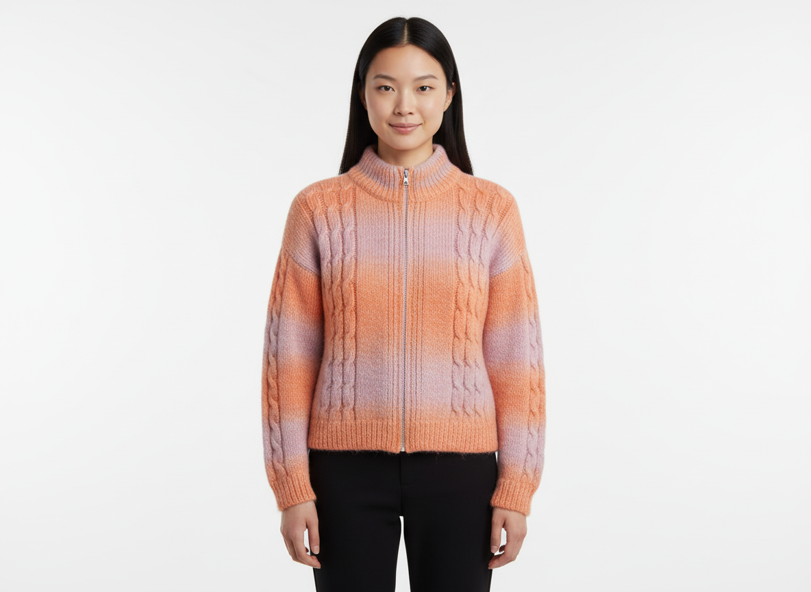 El Örgüsü Fermuarlı Renk Geçişli Kadın Hırkası