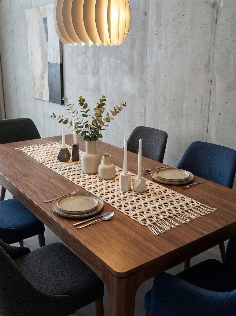 El Örgüsü Dekoratif Runner – Krem Ton, File Dokulu Tasarım