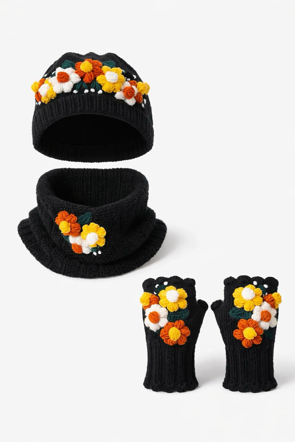 El Örgüsü Çiçek Detaylı Kış Aksesuar Seti – Şapka, Boyunluk ve Eldiven