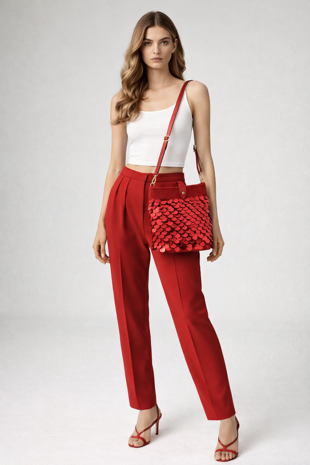 El Yapımı Kırmızı Payetli Orta Boy Çanta