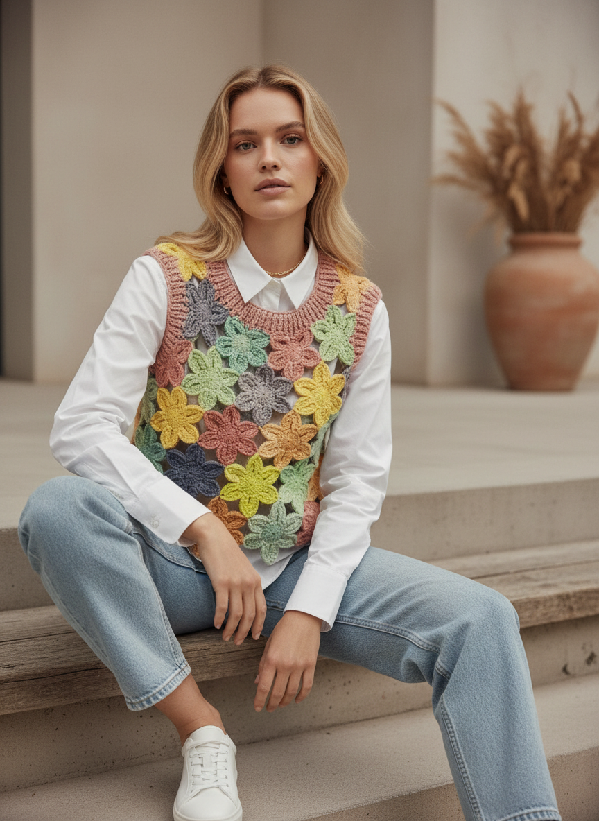 El Örgüsü Çiçek Motifli Süveter