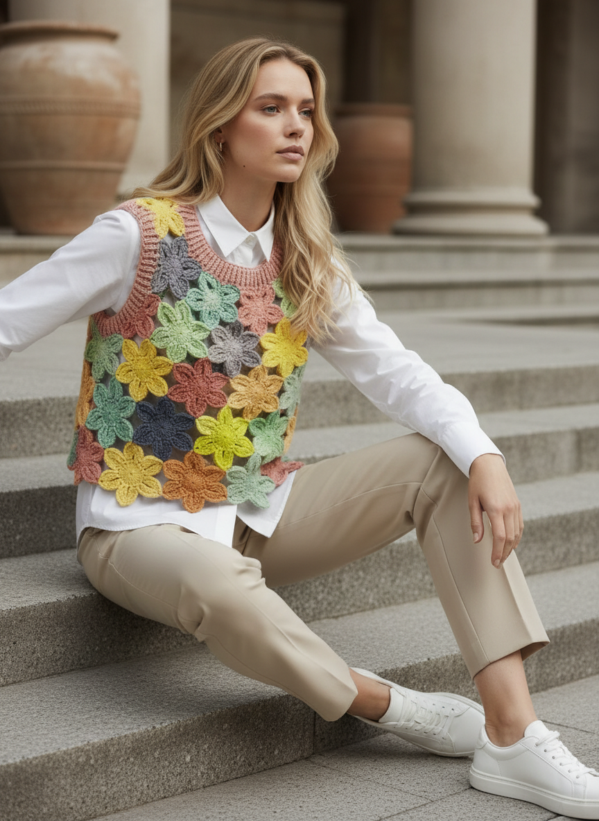 El Örgüsü Çiçek Motifli Süveter
