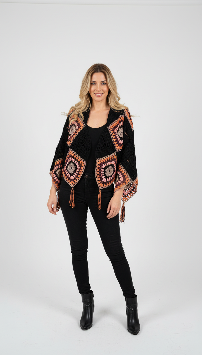 El Örgüsü Motifli Siyah Hırka