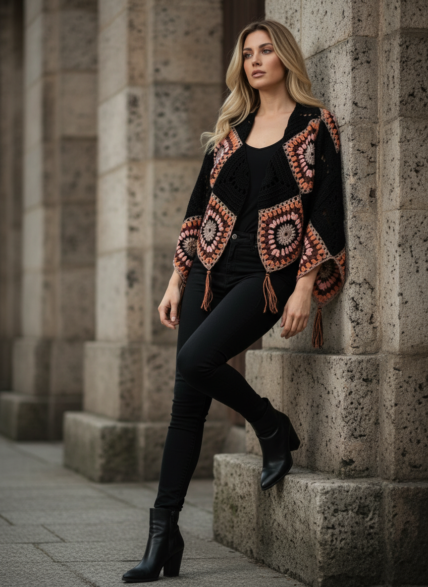 El Örgüsü Motifli Siyah Hırka