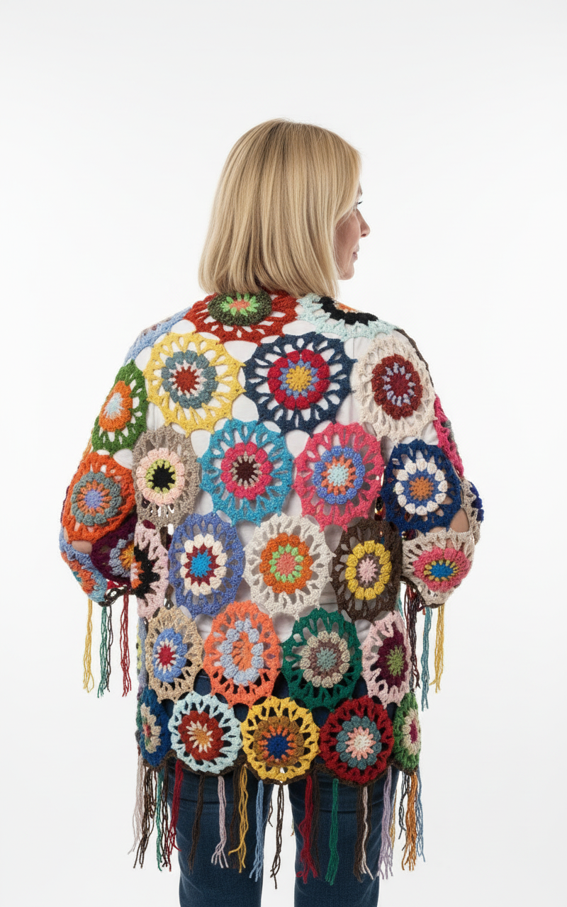 Renkli Motifli El Örgüsü Şal