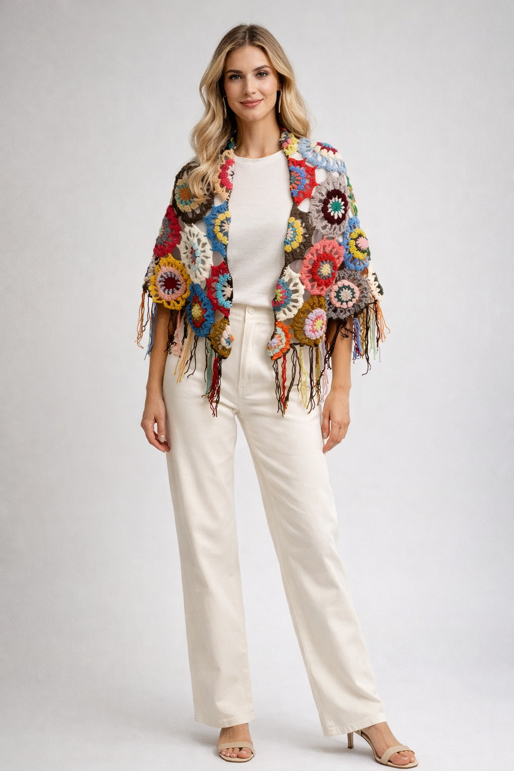 Renkli Motifli El Örgüsü Şal