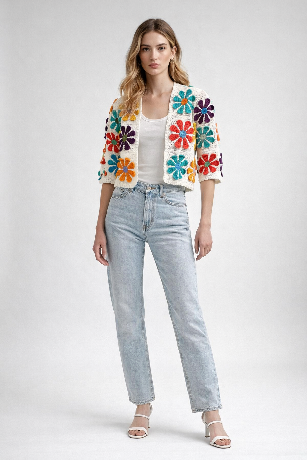 El Örgüsü Çiçek Motifli Kısa Kollu Hırka