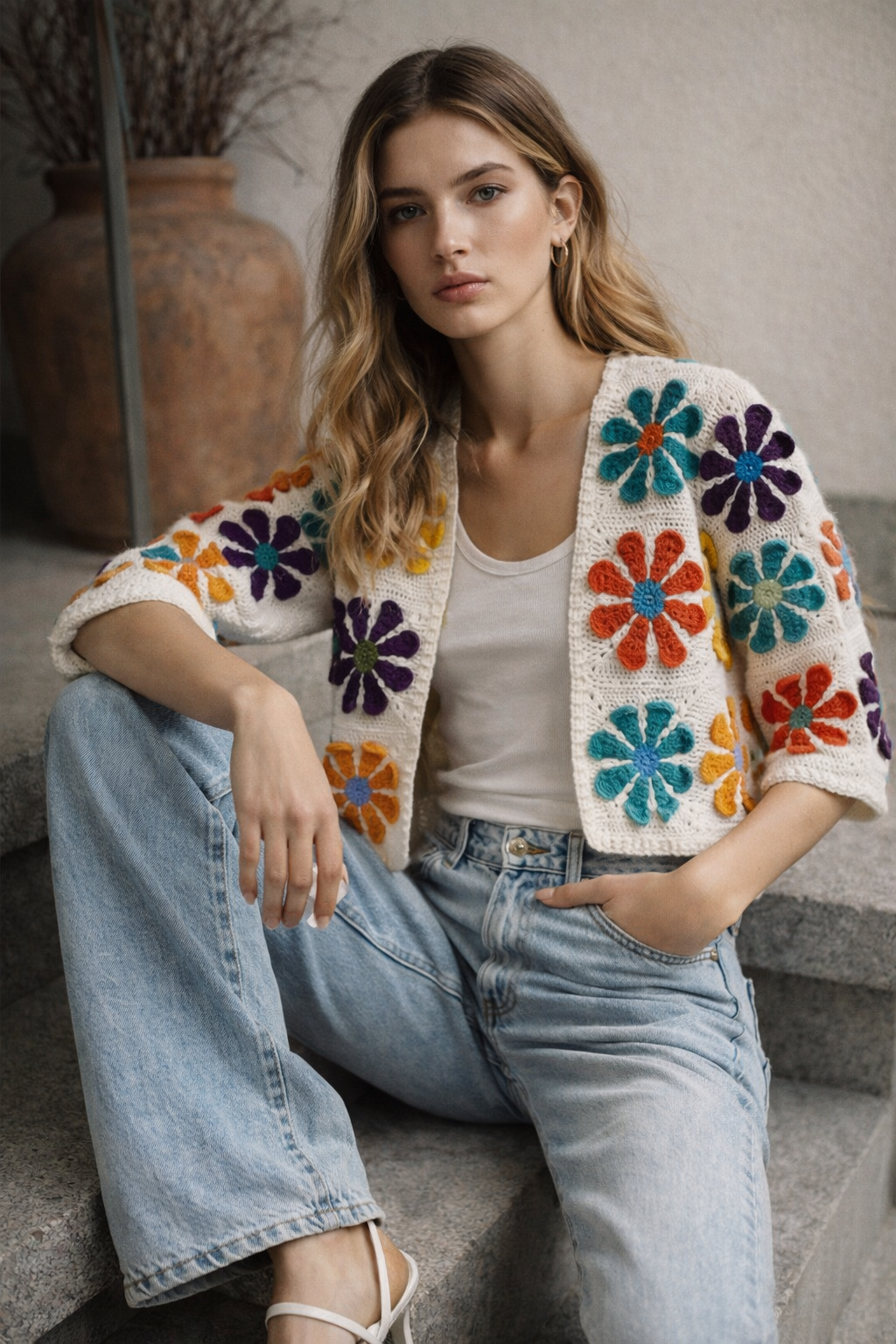 El Örgüsü Çiçek Motifli Kısa Kollu Hırka