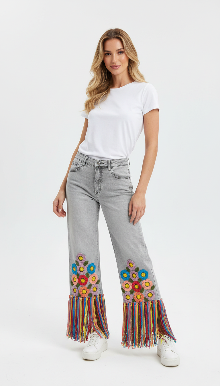 El İşi Çiçek Nakışlı Püsküllü Denim Pantolon