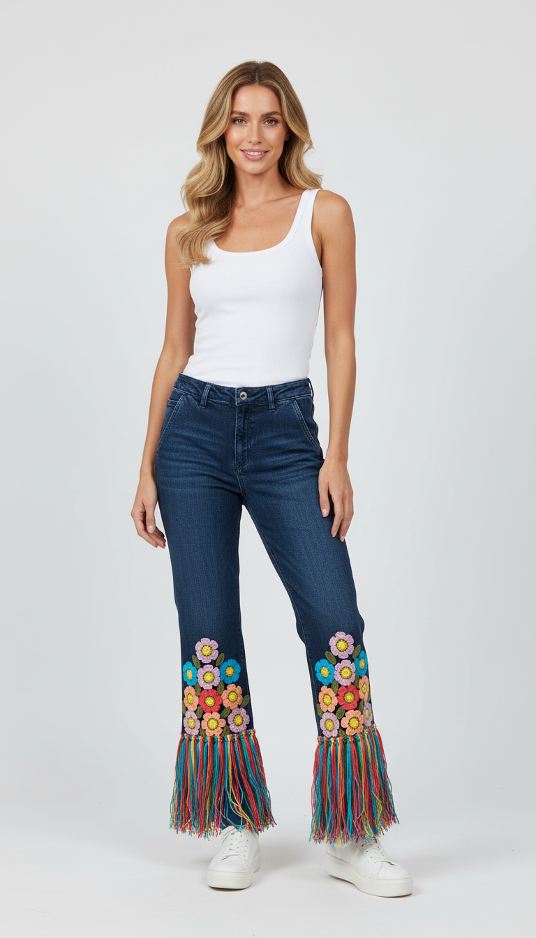 El İşi Aplikeli ve Püsküllü Denim Pantolon