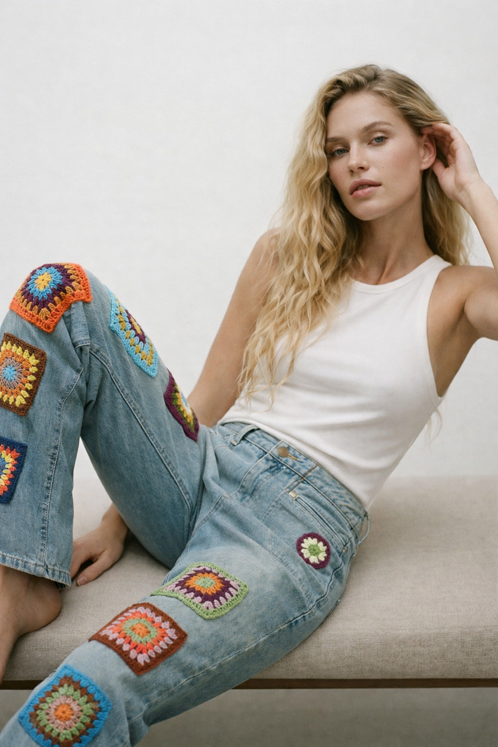 El İşi Renkli Granny Kare Detaylı Denim Pantolon