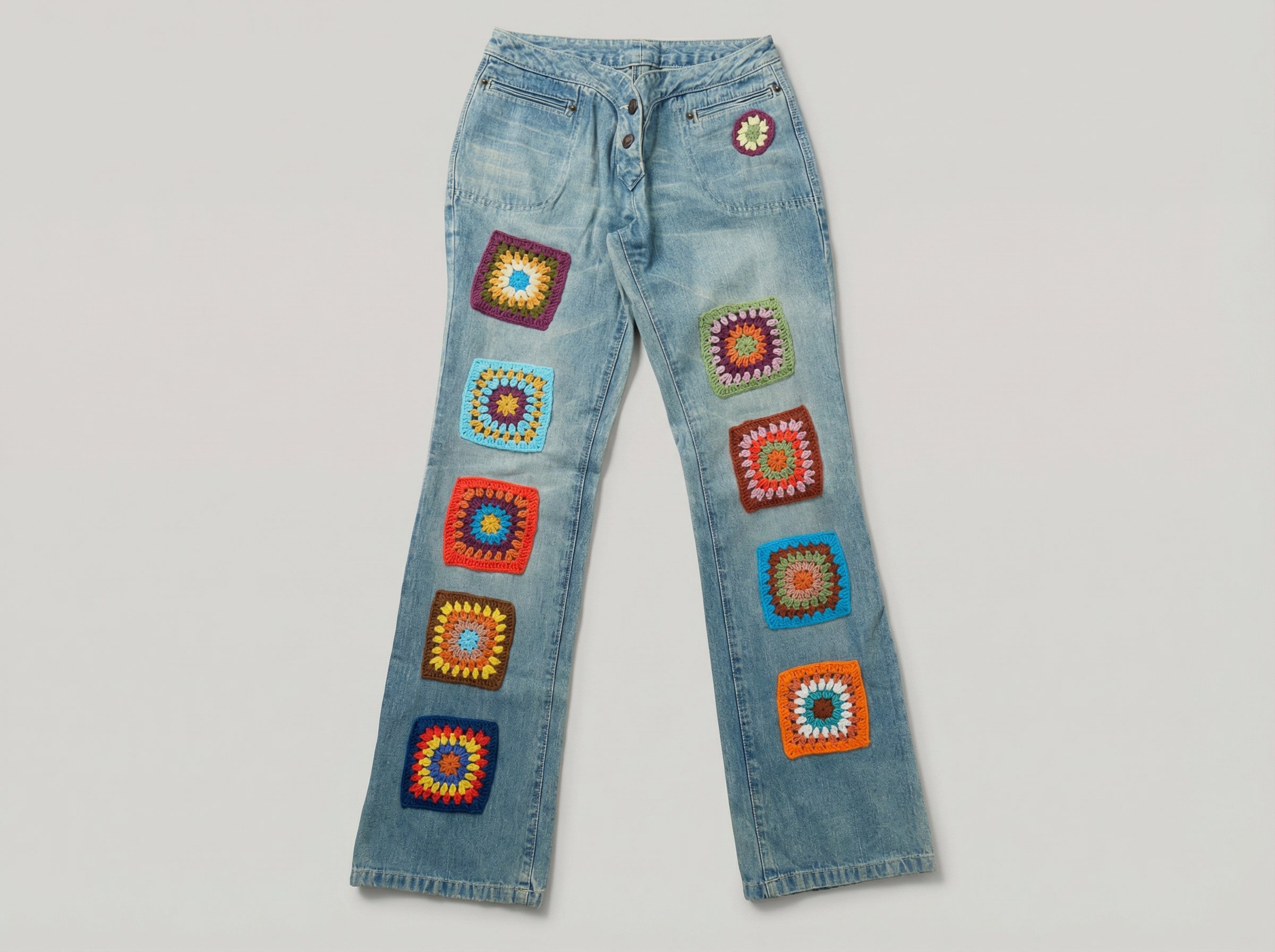 El İşi Renkli Granny Kare Detaylı Denim Pantolon