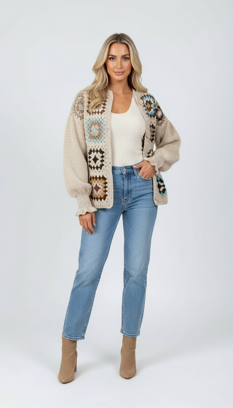 El Örgüsü Kare Motifli Düğmeli Hırka