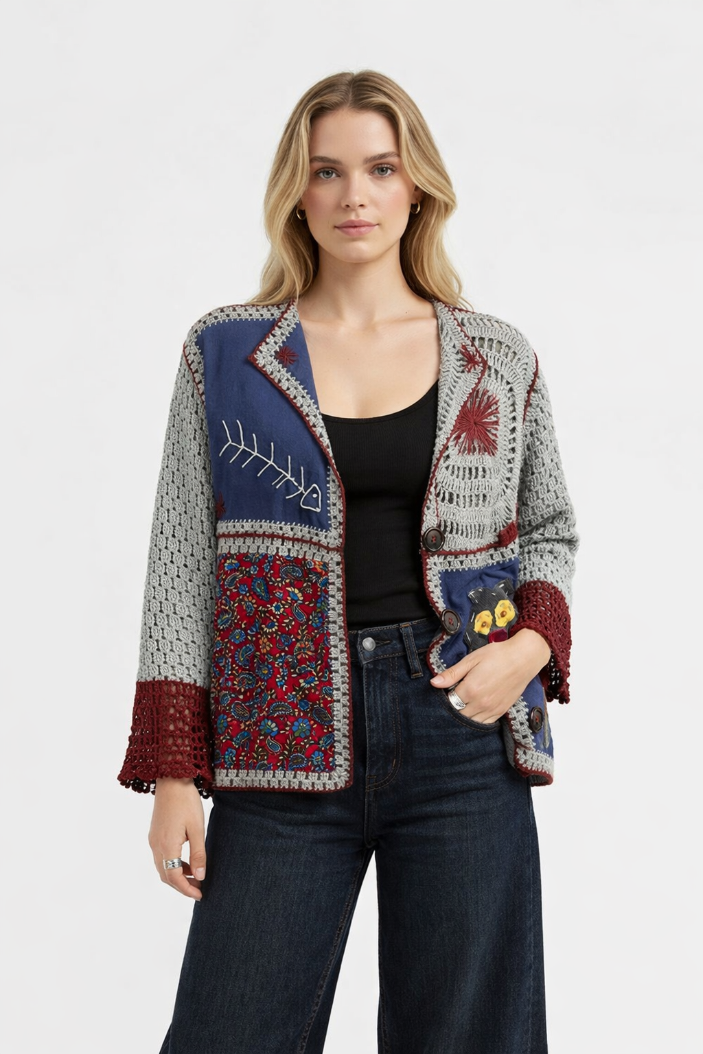 El İşi Detaylı Patchwork Hırka