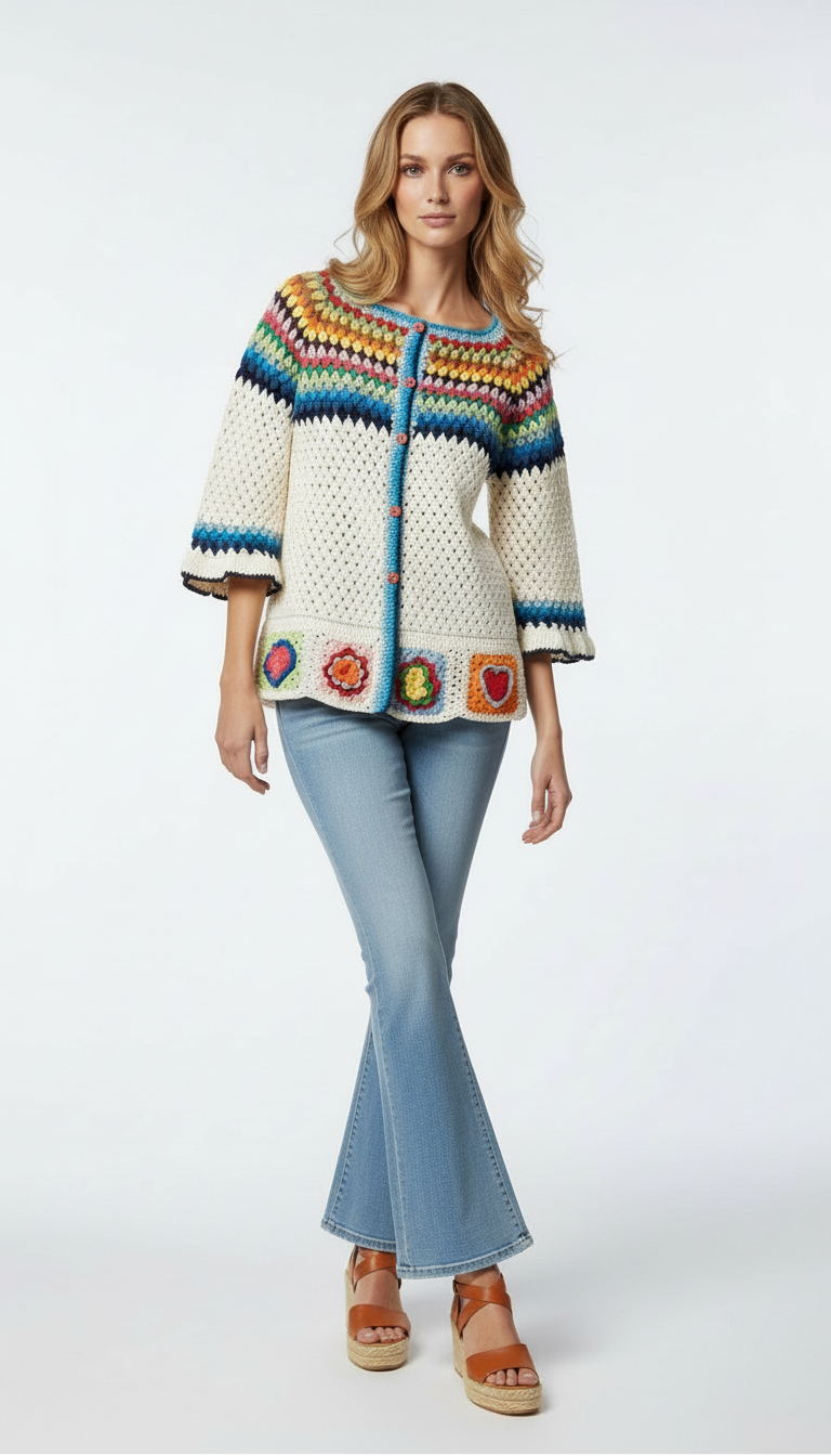 Renkli Yaka ve Etek Detaylı El Örgüsü Düğmeli Hırka- Özel Tasarım