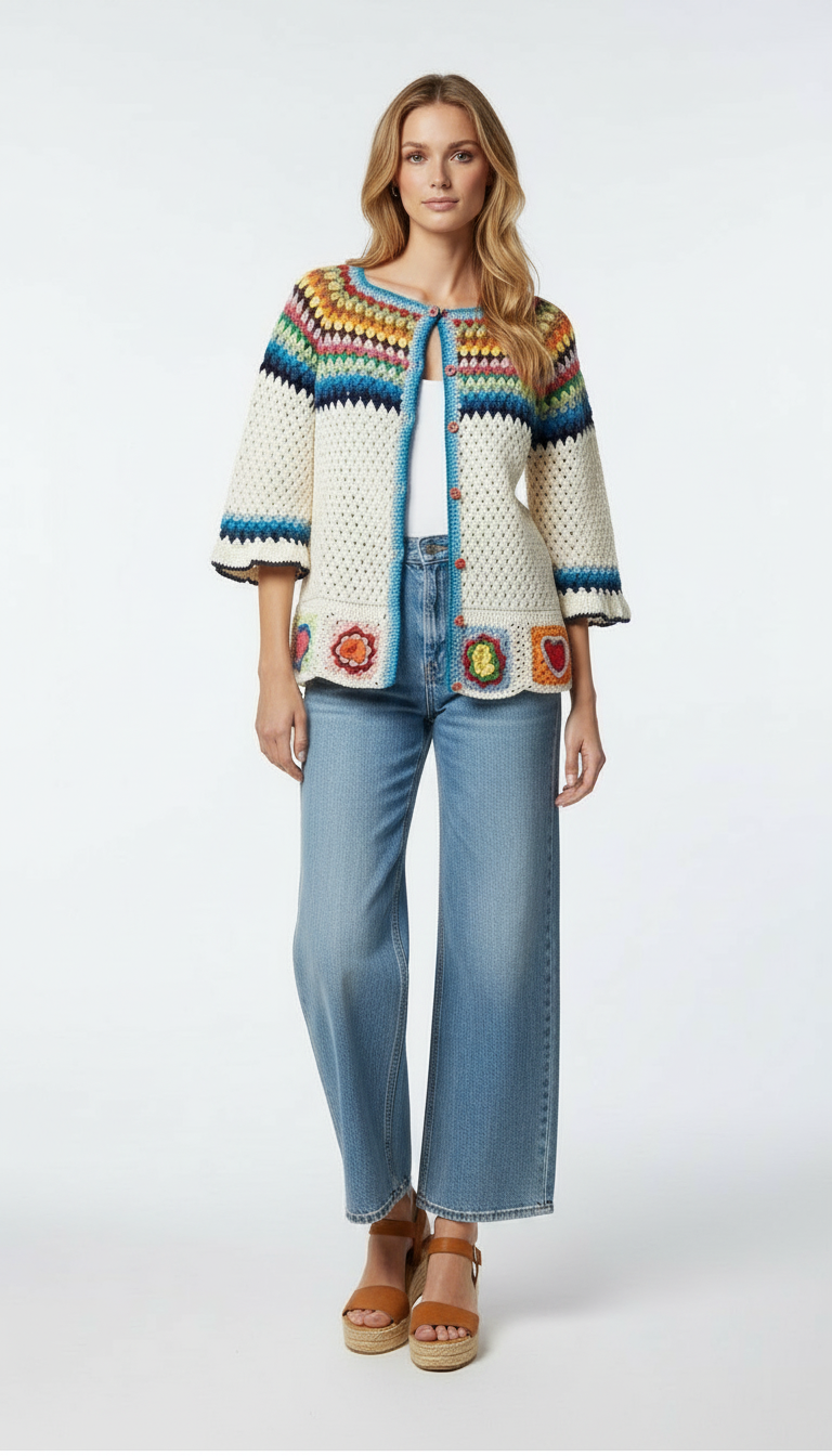 Renkli Yaka ve Etek Detaylı El Örgüsü Düğmeli Hırka- Özel Tasarım