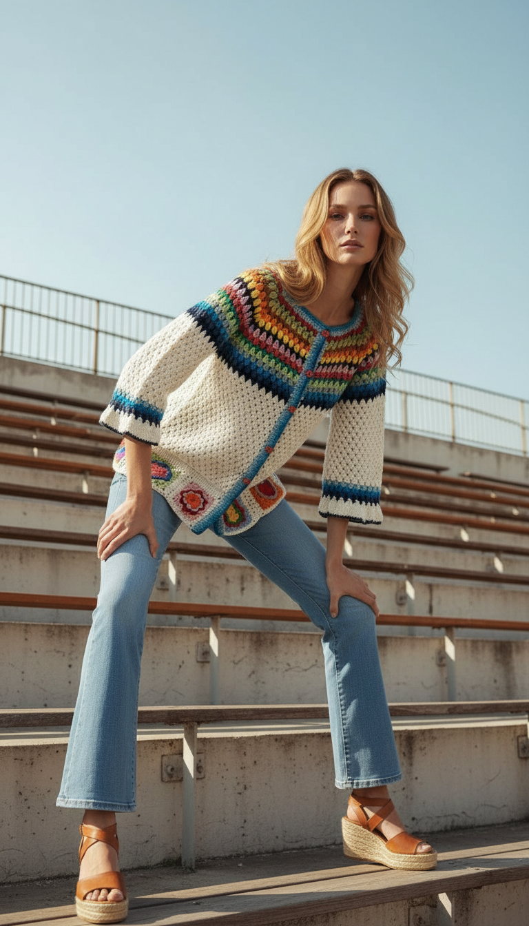 Renkli Yaka ve Etek Detaylı El Örgüsü Düğmeli Hırka- Özel Tasarım