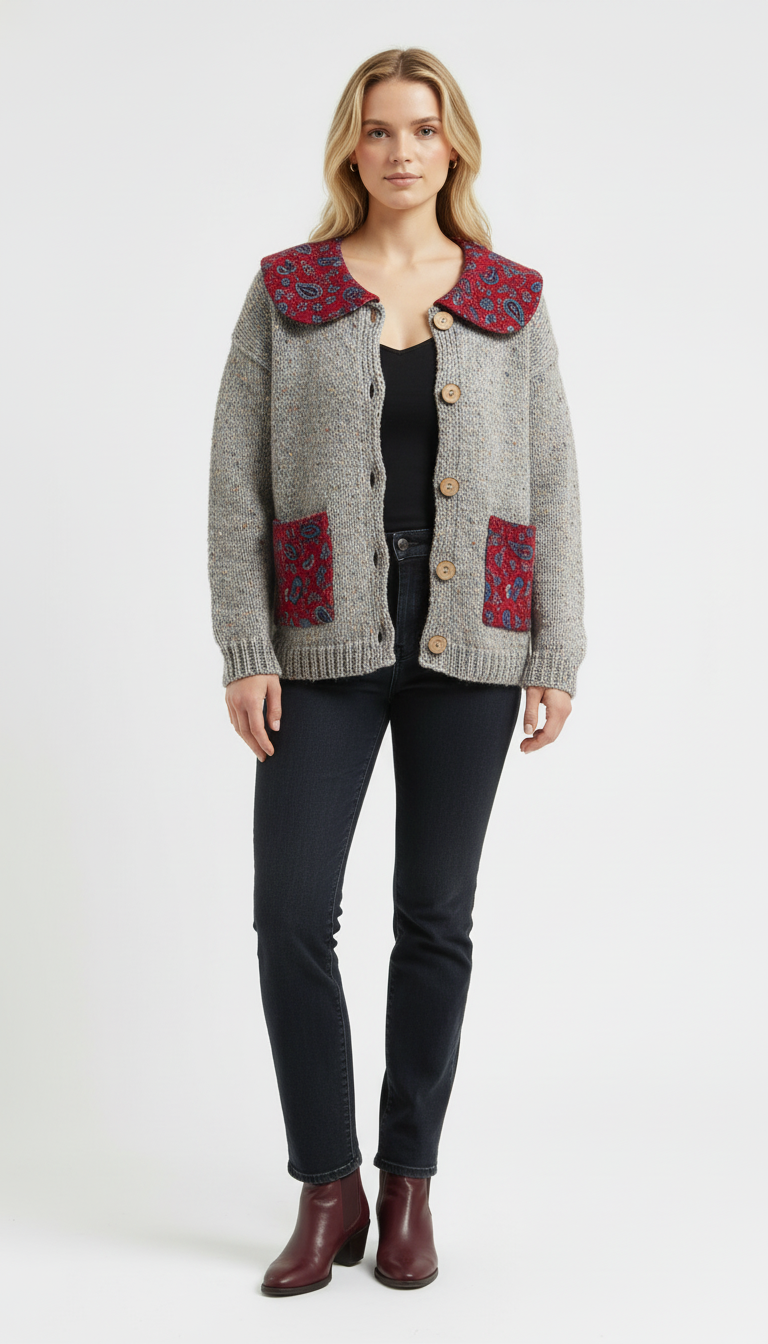 Desenli Yaka ve Cep Detaylı El Örgüsü Düğmeli Hırka