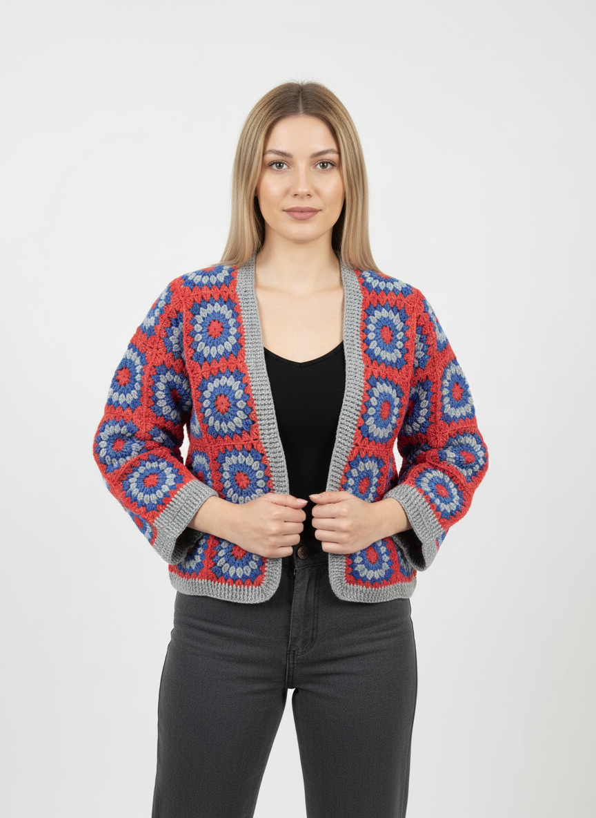 El Örgüsü Kırmızı Mavi Geometrik Motifli Kadın Hırka