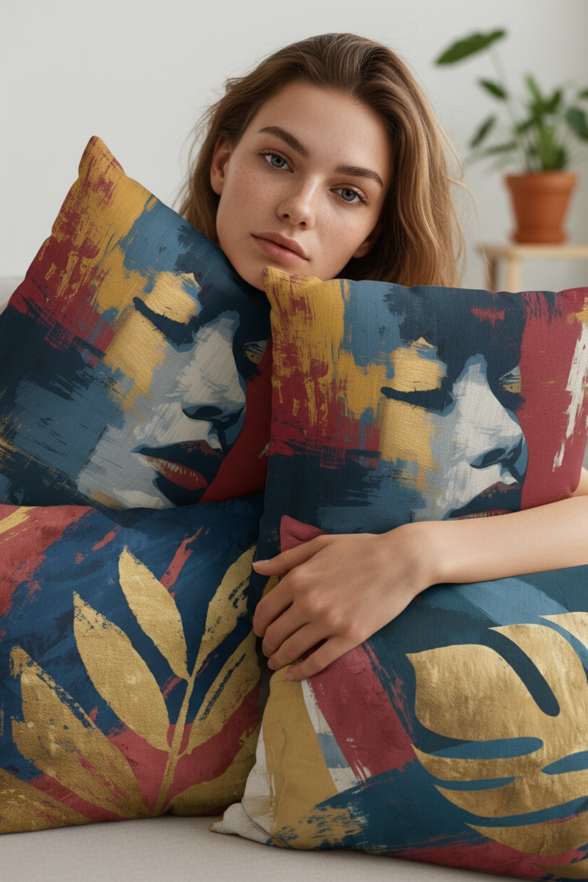 Soyut Kadın Portresi Sanatsal Yastık Kılıfı Seti – 3’lü Paket