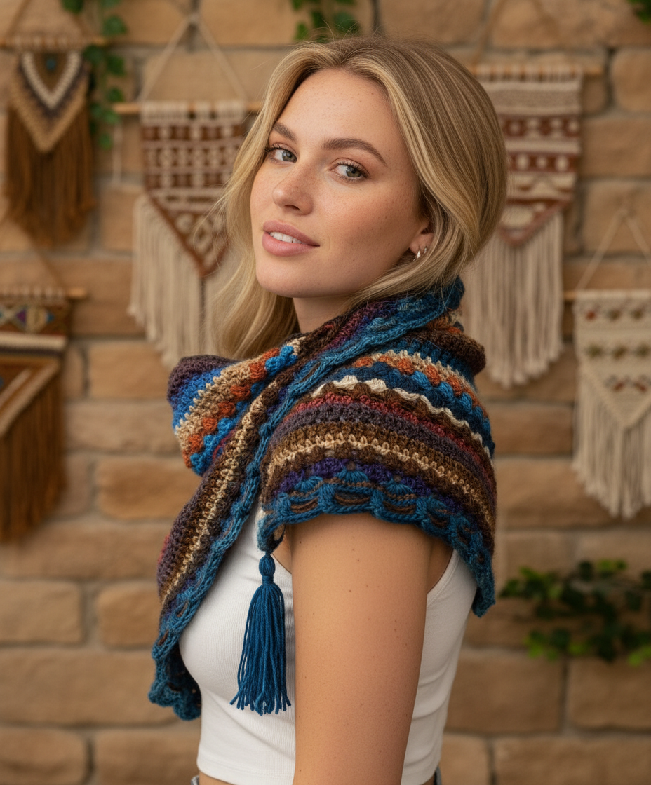 El Örgüsü Renk Geçişli Şal – Doğal Tonlar & Bohem Doku