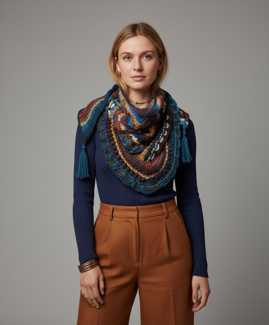 El Örgüsü Renk Geçişli Şal – Doğal Tonlar & Bohem Doku